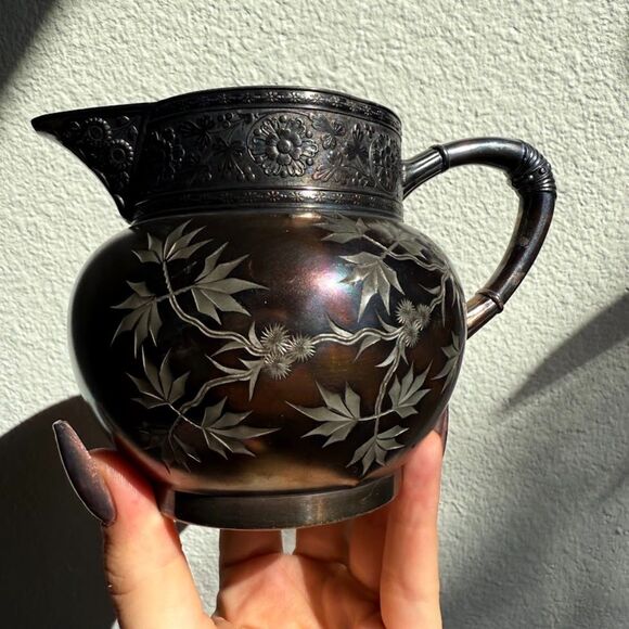 Antique James W Tufts Boston Quadruple Silver Plate Floral Engraved Creamer 1940 - Picture 7 of 15